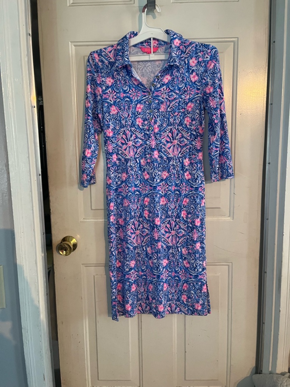 Lilly Pulitzer Blue and Pink Floral-Patterned Collared Long Sleeve Dress